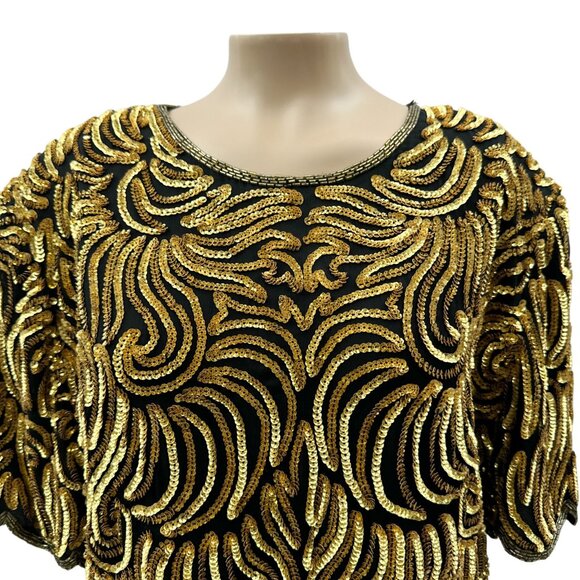 Vintage Royal Feelings Gold Beaded Sequin Blouse Silk Blend Short Sleeve Women L - Picture 10 of 10